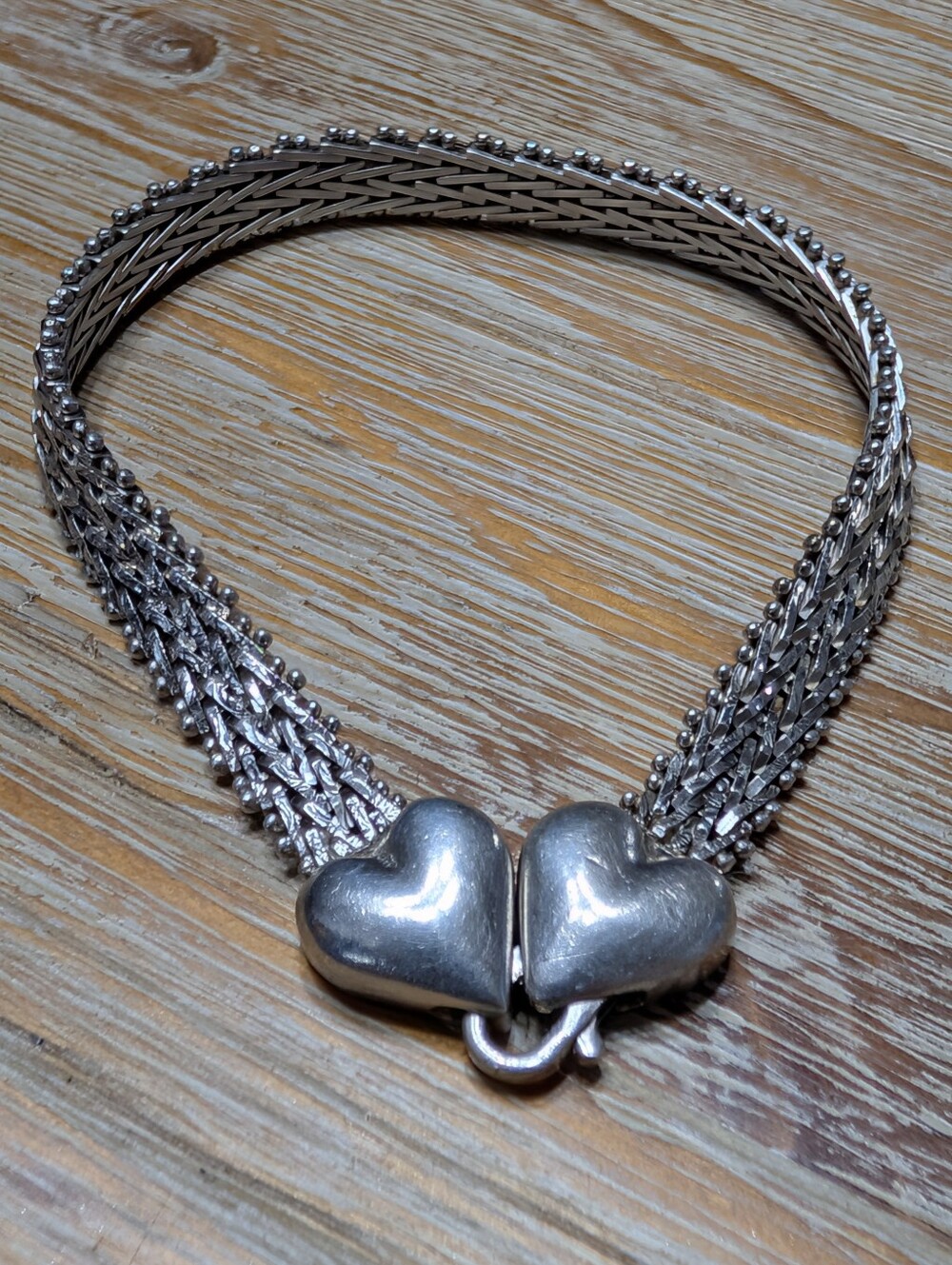.925 Italian Sterling Silver Vintage Diamond Cut Mesh Heart Bracelet